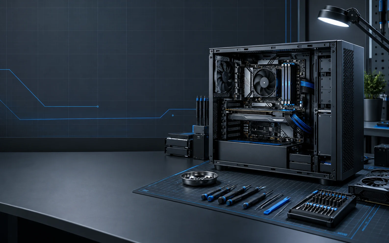 Open desktop computer on a professional diagnostic workbench