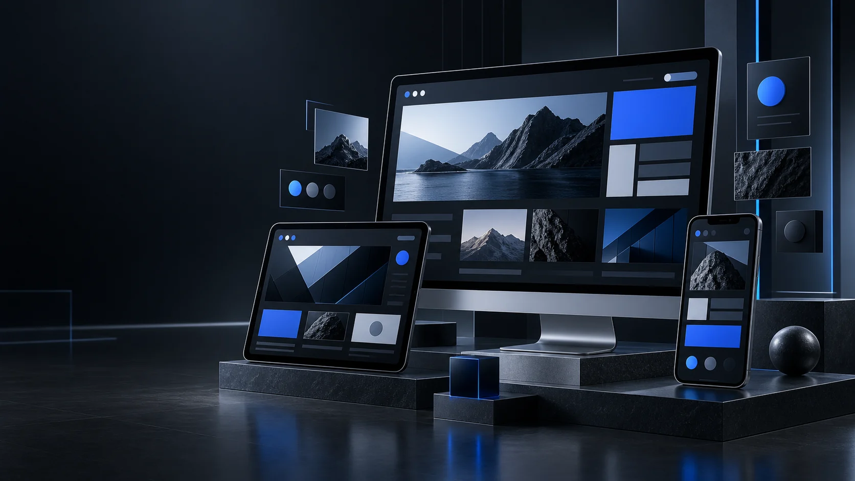 Layered desktop and mobile website layouts in a design studio composition